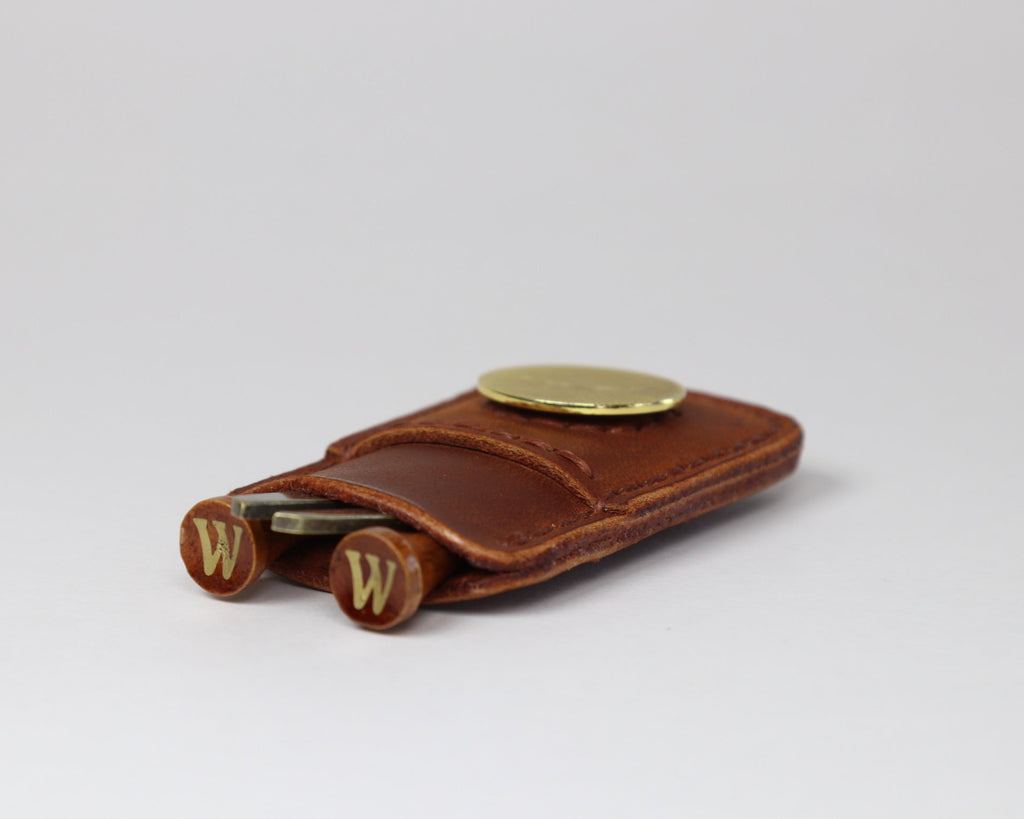 Hand-stitched full grain leather golf pocket caddy showcasing premium craftsmanship.