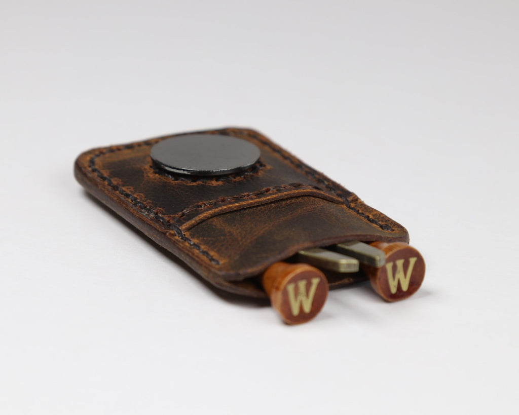 Premium full grain leather golf pocket caddy built for lasting durability.